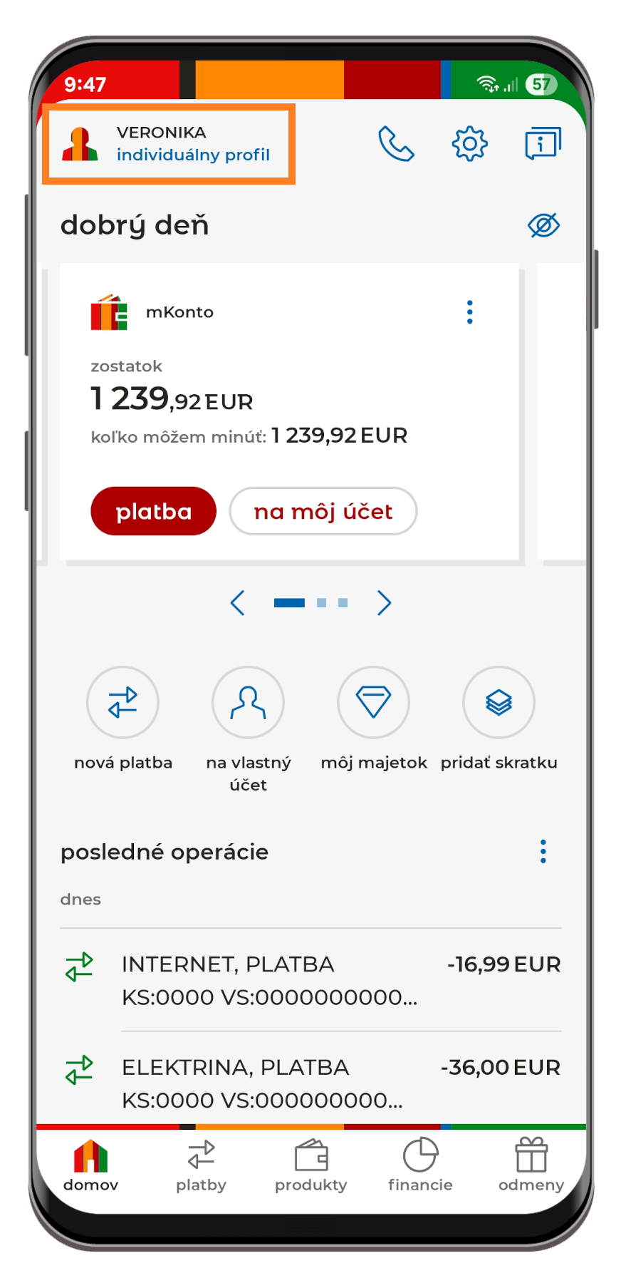 Krok 1: zobrazenie obrazovky z mobilnej aplikácie - prechod do časti Panel klienta.